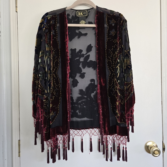 Vintage Beaded Kimono Women's L Black Red Silk Blend - Picture 1 of 12
